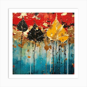 Autumn Leaves, Acrylic Paint Drips And Metal Leaf , Autumn Leaves Art Print