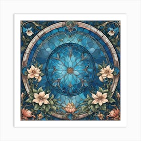 Painting of a stained glass window with a painting of flowers Art Print