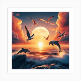 Sunset with Dolphins 3 Art Print