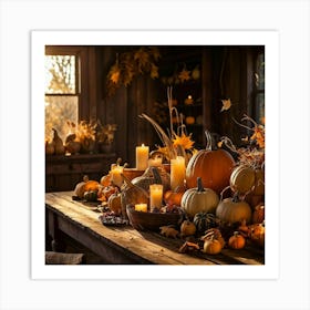 Autumn Harvest Table Laden With An Assortment Of Pumpkins Gourds And Dried Cornhusks Surrounded B (7) Art Print