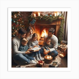 Family Reading Christmas Book In Front Of Fireplace 1 Art Print