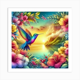 Hummingbird tropical flowers. Landscape a sunset in the sea Art Print