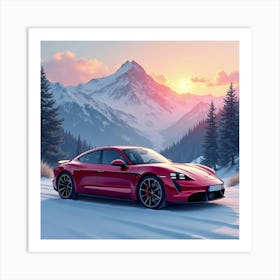 Porsche Taycan Turbo S With A Radiant Watercolor Mountain Scene 1 Art Print