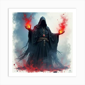 Black Magic Sorcerer Casting Spells, Colorful Watercolor Setting 1 Art Print