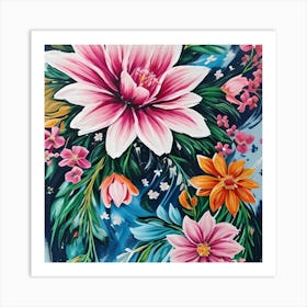 Flowers On A Blue Background Art Print