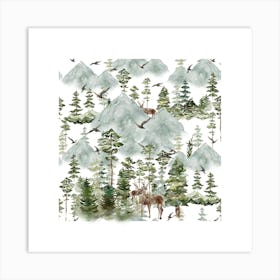 Christmas trees, reindeers, birds, happy new year and winter season. Art Print