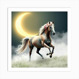 Mystical Horse With A Floral Mane Galloping Under A Glowing Crescent Moon In A Misty Meadow 1 Art Print