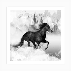 Ink Galloping Horse Black and White - Horse Running In The Fog Art Print