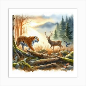 Tiger And Deer In The Forest Art Print