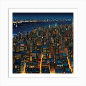 City View From Sea At Night Abstract Art Vibrant8k Resolution By Jacob Lawrence And Francis Pic Art Print