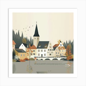 Autumn Village By The Lake Art Print