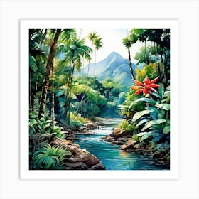 Tranquil Tropics Offer A Set Of Ai Art With Lush Jungle Landscapes Serene Beaches With Gentle Wave Art Print