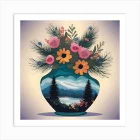 Flower Vase Decorated With Landscape With Pines, Blue, Green And Orange Art Print