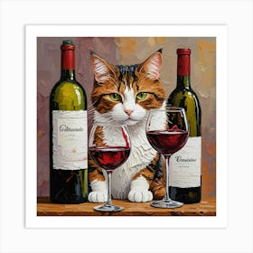 Cat And Wine Art Print