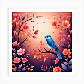 A Bright-Toned Design With Flowers And Leaves Trees And Birds A Beautiful And Simple Picture Bird In A Flower Art Print