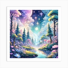 A Fantasy Forest With Twinkling Stars In Pastel Tone Square Composition 254 Art Print