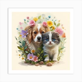 Dog And Cat In Flowers Art Print