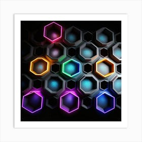 Hexagonal shapes with neon lights, futuristic, cyberpunk, background 1 Art Print