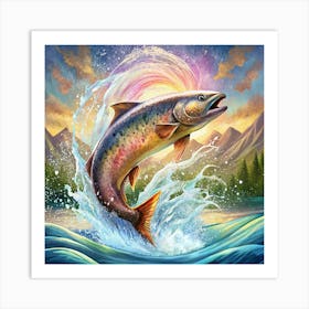 Salmon Leaping In A Mountain River At Sunset Art Print