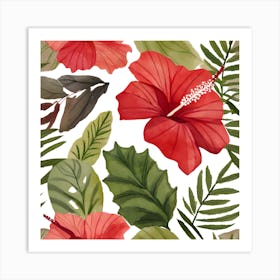 Botanical Wall Art Flowers Red Hibiscus Leaves #1 Art Print