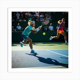 Tennis Match Captured In Mid Action Players Frozen Mid Swing With Rackets Poised To Strike Sunligh (2) Art Print