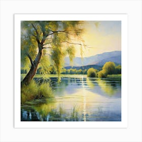 Impressionist Style Painting Of A Serene Landscape Dappled Sunlight Filtering Through A Weeping Wil Art Print