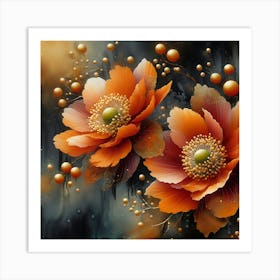 Two Orange Flowers On A Black Background Art Print