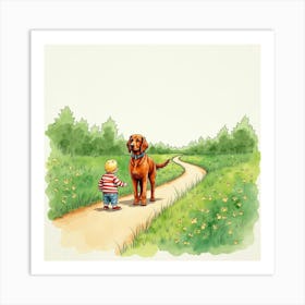 Watercolor Of A Irish Setter And Child On A Country Trail 1 Art Print