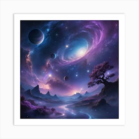 A breathtaking night sky filled with shimmering stars, glowing planets, and swirling nebulae. The scene is both mystical and serene, with deep blues and purples creating a sense of infinite wonder 3 Art Print