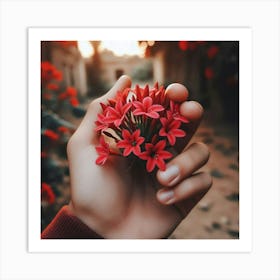 Red Flowers In A Hand Art Print