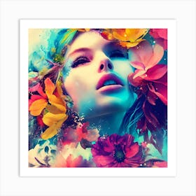 Portrait Of A Woman With Flowers Art Print