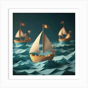 Paper Boat In The Sea Art Print