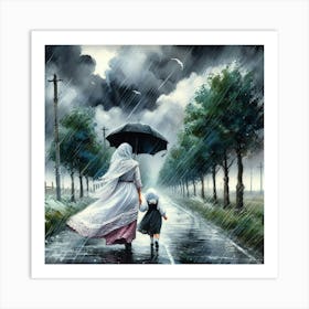 Mother And Child In The Rain 1 Art Print