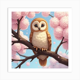 Owl Perched On Cherry Blossom 1 Art Print