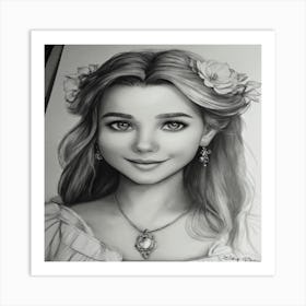 Drawing Of A Girl With Flowers 1 Art Print