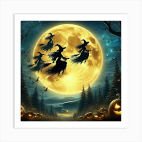 Halloween Witches Flying In The Sky 1 Art Print