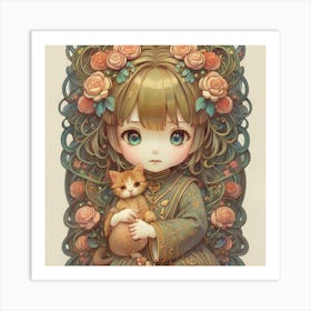 Kawaii Girl With Cat 1 Art Print