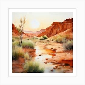 Watercolor A Serene Landscape In Red Desert Bathed In Shades Of Terracotta Olive Green Art Print