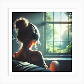 Peaceful Music Moment Wall Art: A Serene Scene of a Woman with Headphones Relaxing by a Window for Calm and Inspiring Home Decor Print Art Art Print