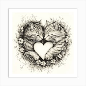 Delicate Ink Drawing of Cats Love Heart 4 Art Print