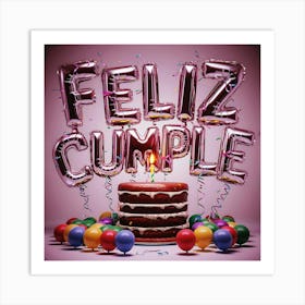 Feliz cumple and Feliz cumpleaños sign means Happy Birthday in Spanish language, Birthday party celebration gift with birthday cake candle colorful balloons best congratulation over light background wall artFeliz Cumple 64 Art Print