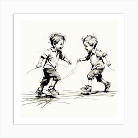 Single Line Drawings Of The Small Boys Playing Design,Two Boys Art Print