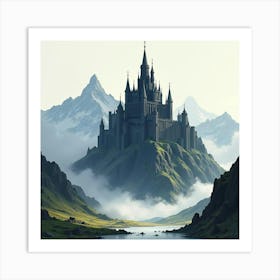 Watercolor Of Saruman’S Fortress, Towering Black Against The Mountains 1 Art Print