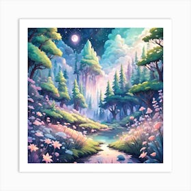 A Fantasy Forest With Twinkling Stars In Pastel Tone Square Composition 278 Art Print