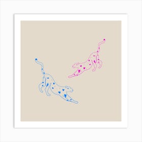 Leopards with heart blue and pink love. Leopards line illustration Art Print