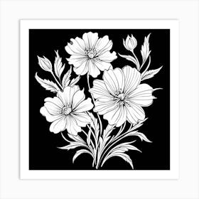 Single Line Drawing Of The Flowers Pattern , Black And White Flowers Art Print