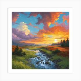 A Landscape Painting With , sun rase pic cell art print 2 Art Print