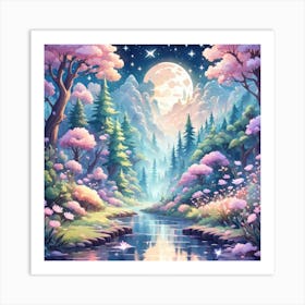 A Fantasy Forest With Twinkling Stars In Pastel Tone Square Composition 107 Art Print