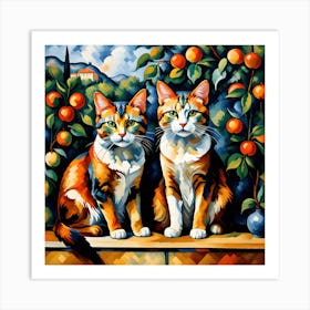 Two Cats With Oranges Modern Art Cezanne Inspired Art Print
