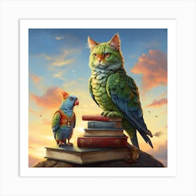 Parrots On Books Art Print